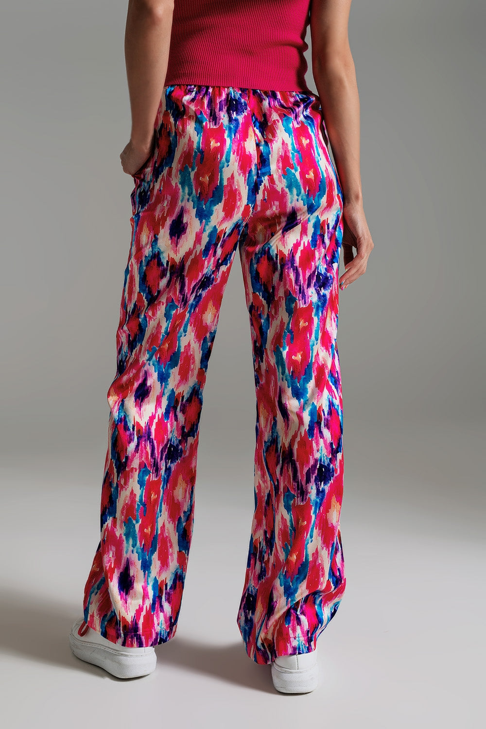 Palazzo Style Pants in Abstract Pink and Blue Print Q2 Pants BoutiqueLua