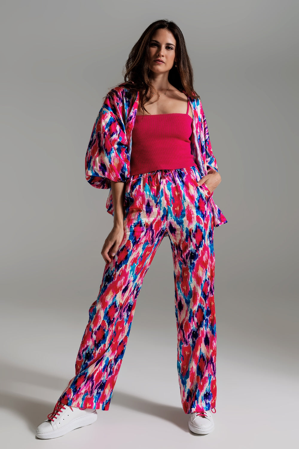 Palazzo Style Pants in Abstract Pink and Blue Print Q2 Pants BoutiqueLua