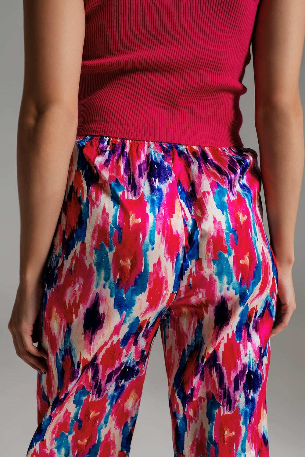 Palazzo Style Pants in Abstract Pink and Blue Print Q2 Pants BoutiqueLua