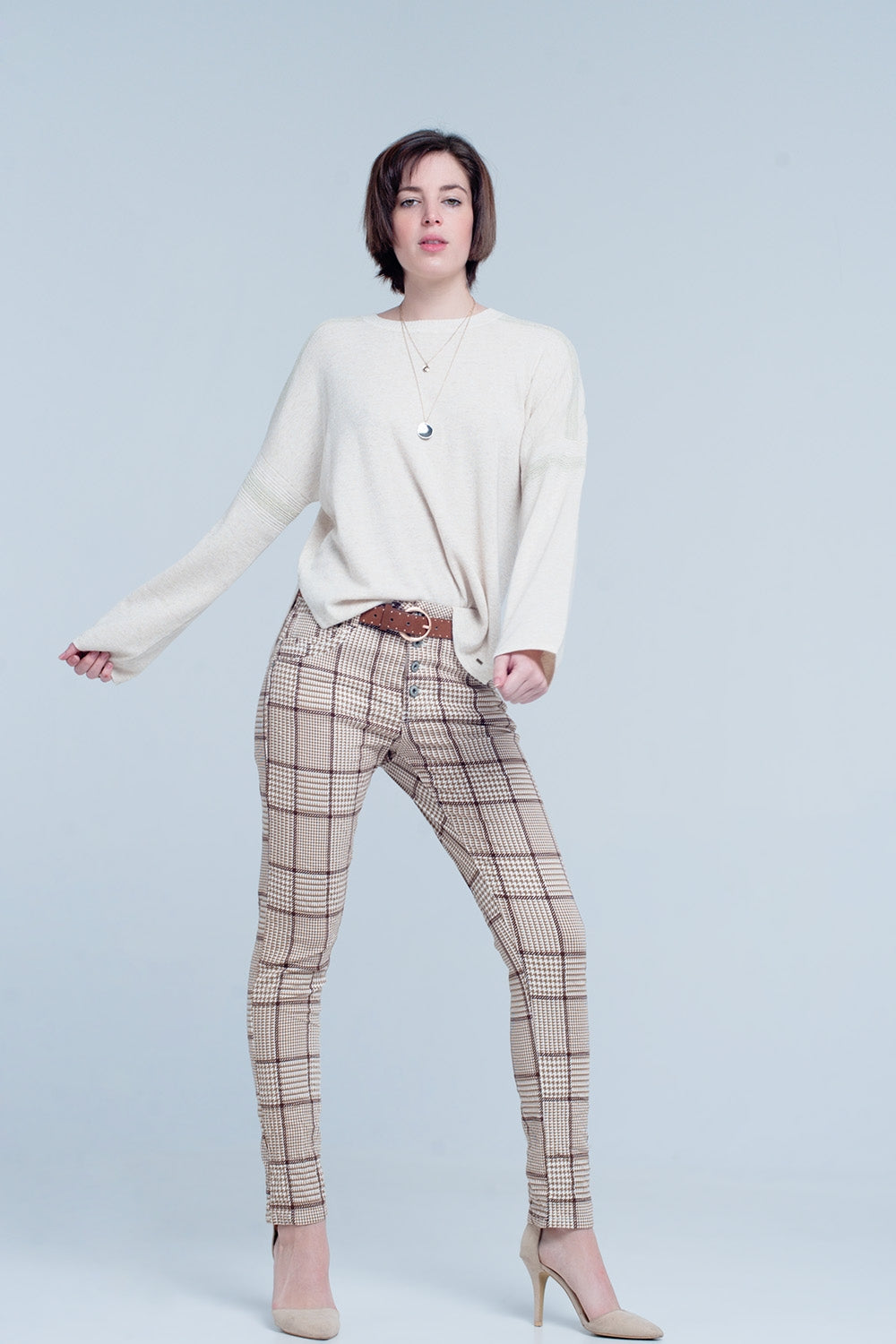 pants in beige check with button Q2 Jeans BoutiqueLua