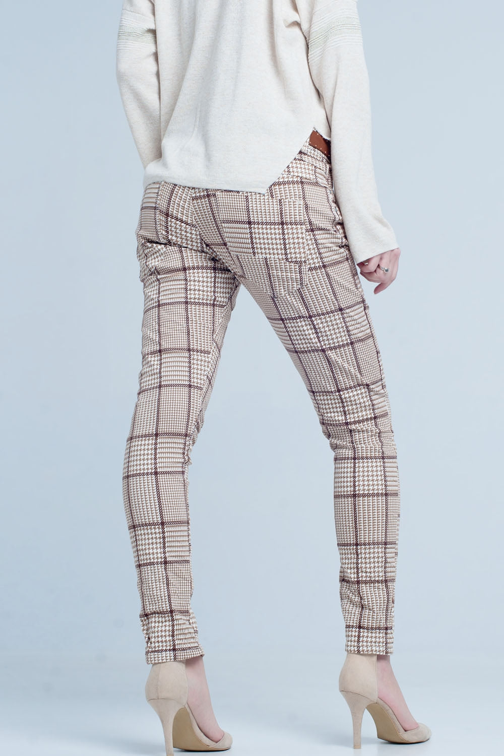 pants in beige check with button Q2 Jeans BoutiqueLua