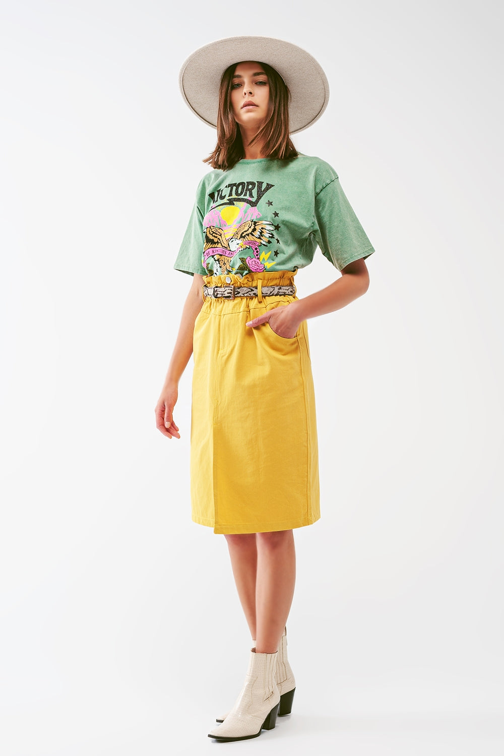 Paper Bag Waist Straight Skirt With Front Slit in Yellow Q2 Skirts BoutiqueLua