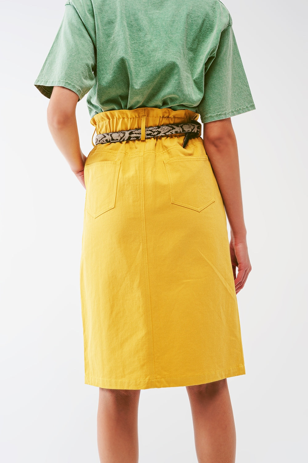 Paper Bag Waist Straight Skirt With Front Slit in Yellow Q2 Skirts BoutiqueLua