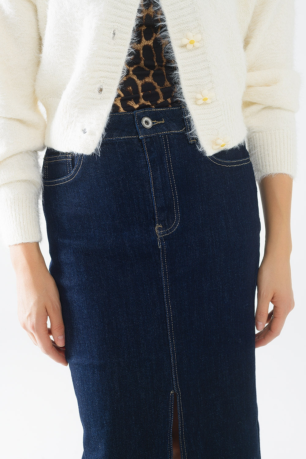 pencil denim skirt in dark wash