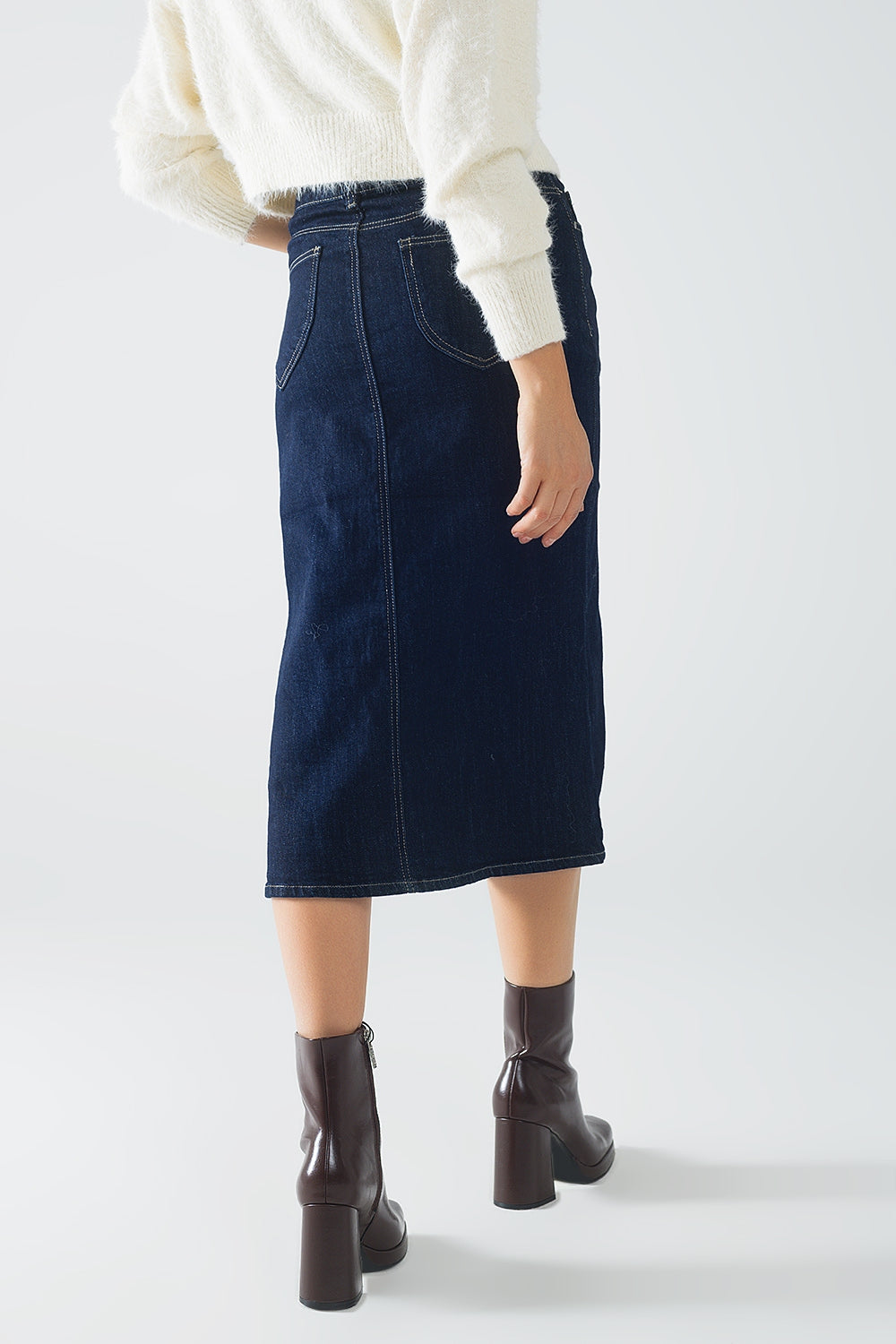 pencil denim skirt in dark wash