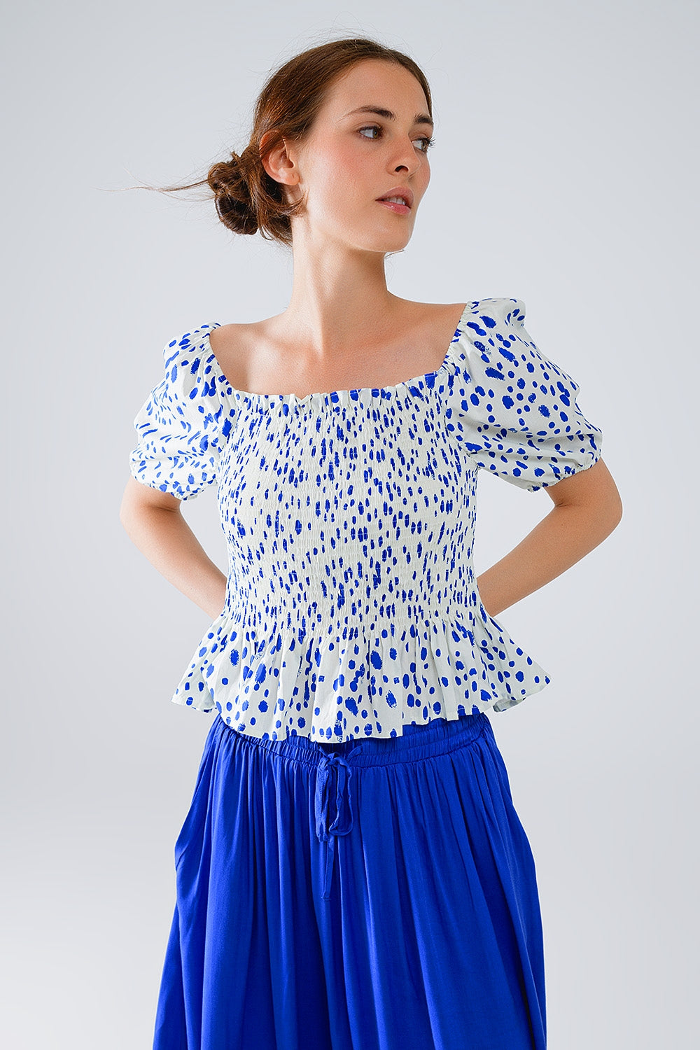 Peplum Shirred White Blouse With Blue Polka Dots Q2 Tops BoutiqueLua