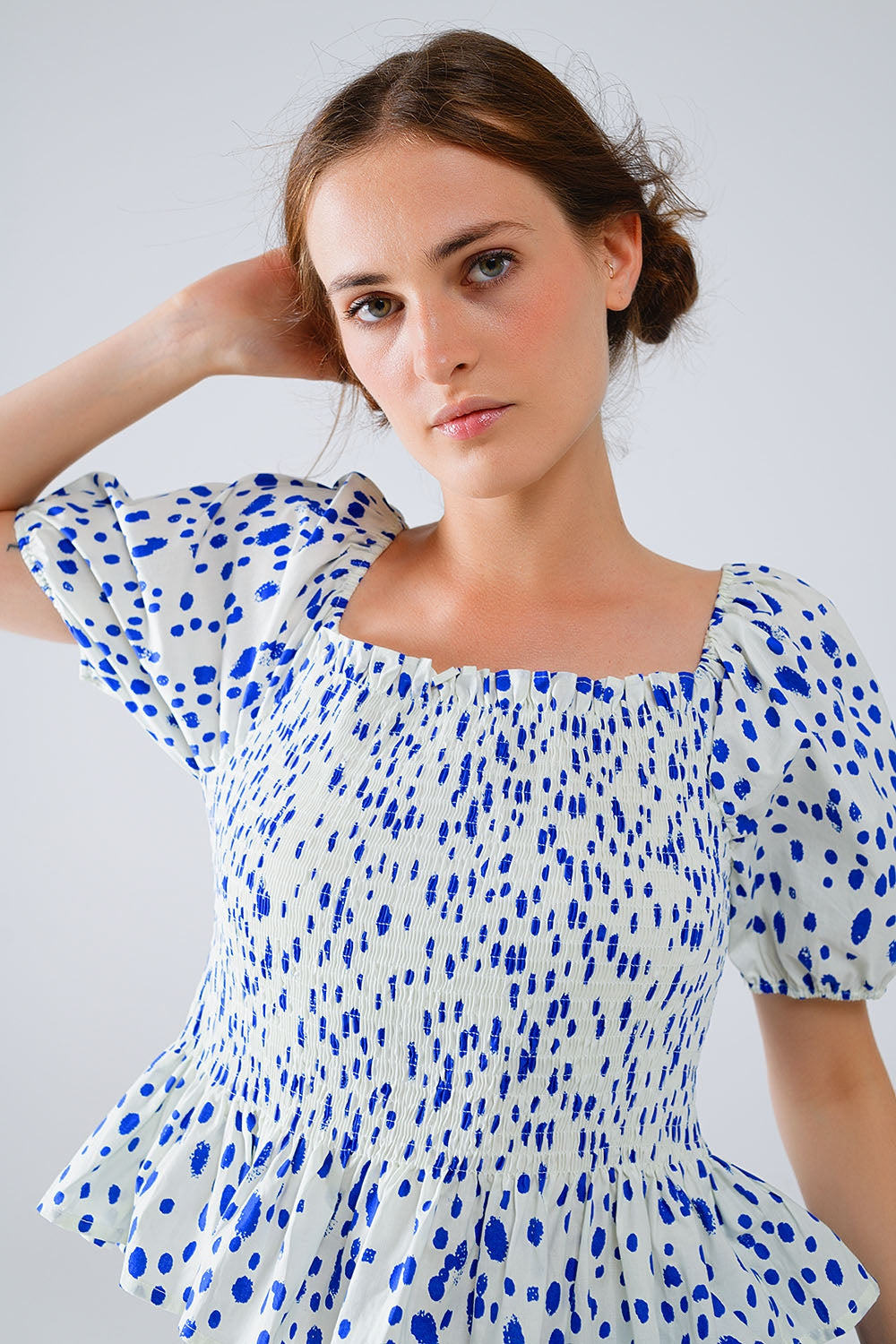 Peplum Shirred White Blouse With Blue Polka Dots Q2 Tops BoutiqueLua