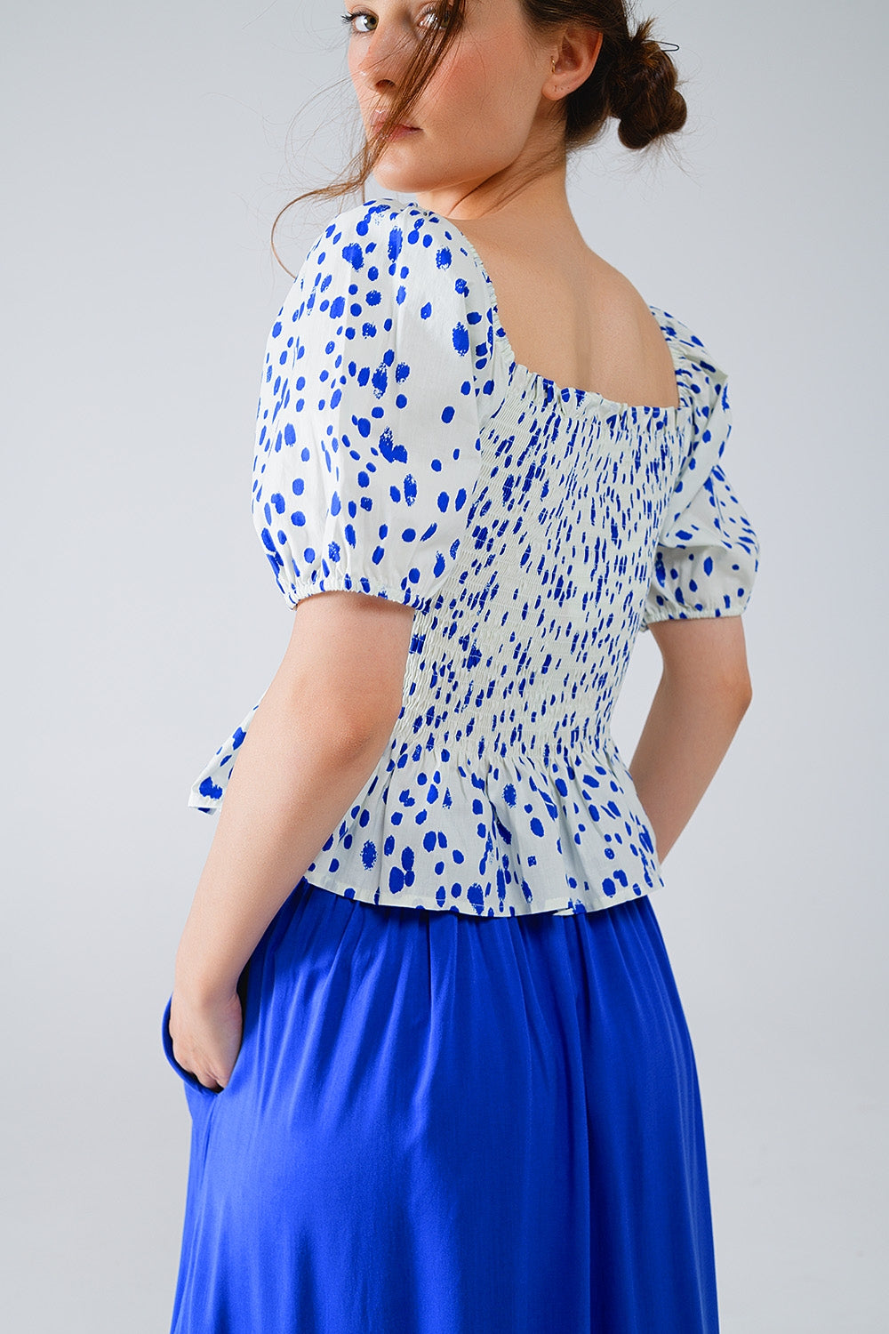 Peplum Shirred White Blouse With Blue Polka Dots Q2 Tops BoutiqueLua