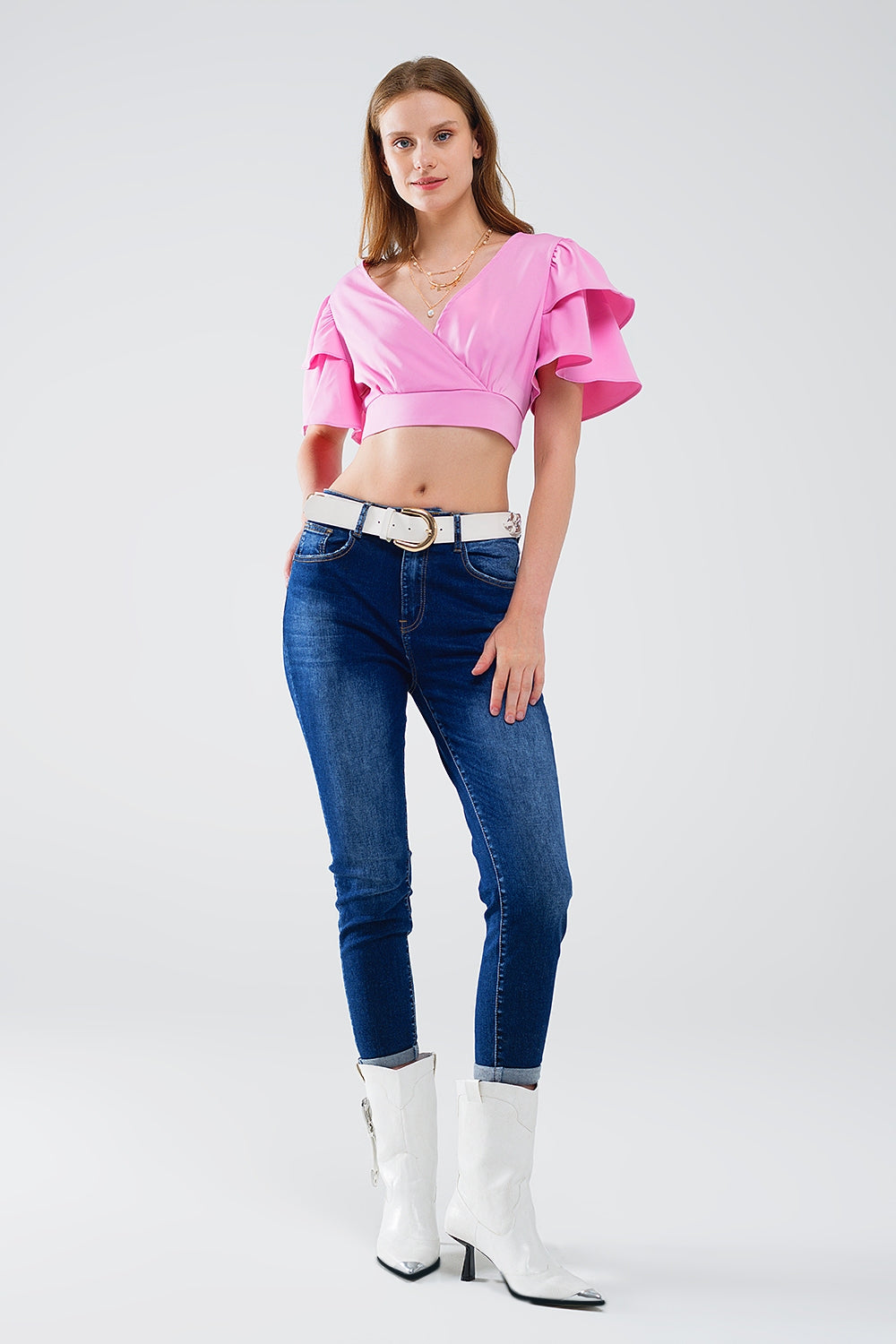 Pink Crop Top With Short Sleeves And V-neck Q2 Tops BoutiqueLua