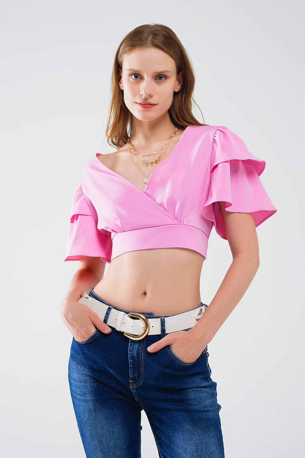 Pink Crop Top With Short Sleeves And V-neck Q2 Tops BoutiqueLua