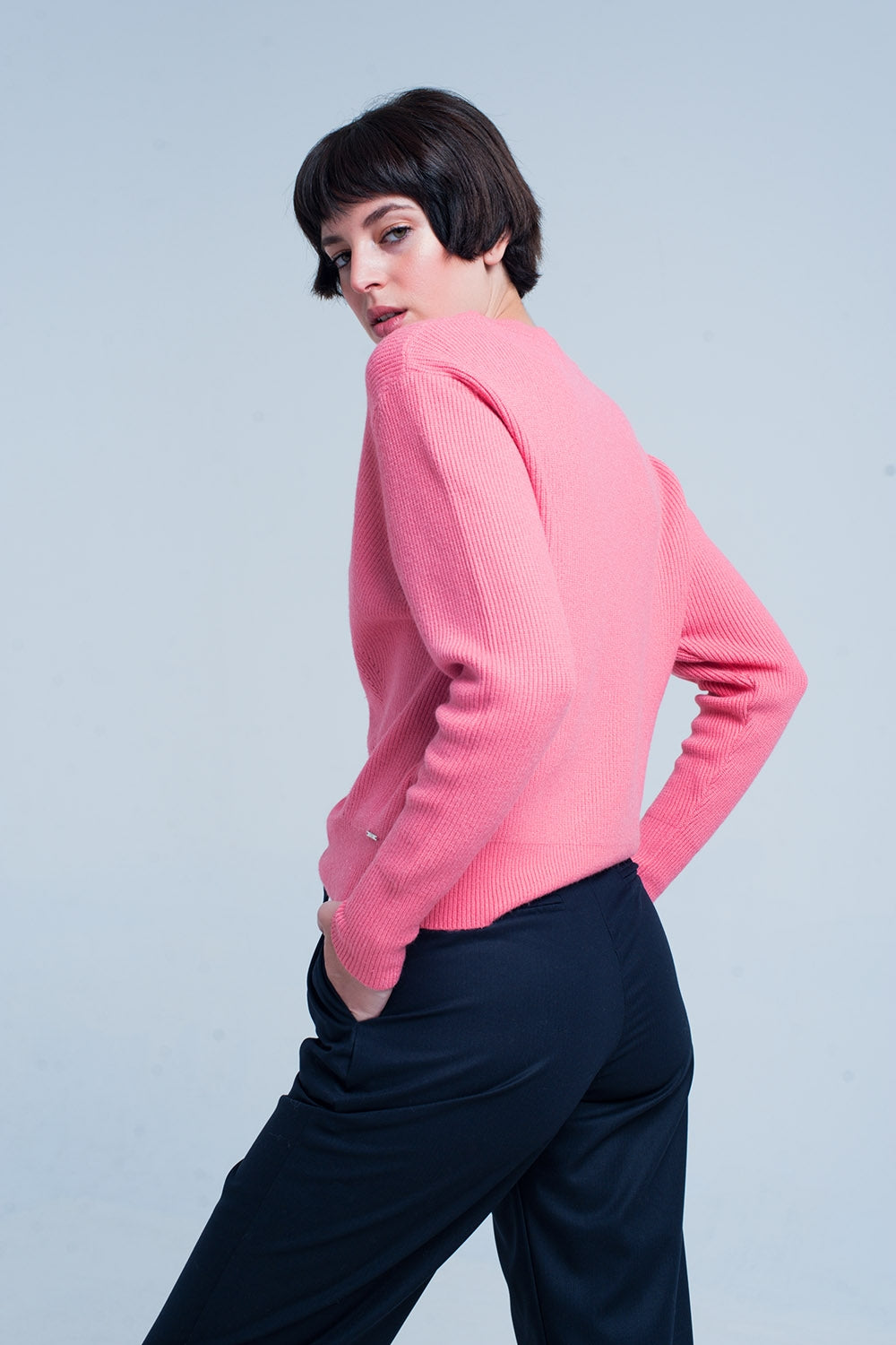 Pink Textured Sweater with Round Neck Q2 Sweaters BoutiqueLua