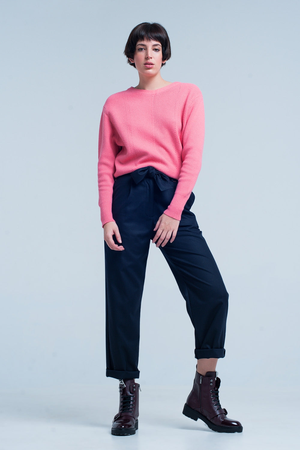 Pink Textured Sweater with Round Neck Q2 Sweaters BoutiqueLua