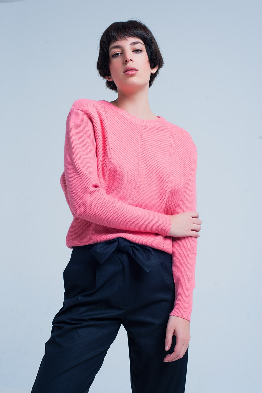 Pink Textured Sweater with Round Neck Q2 Sweaters BoutiqueLua