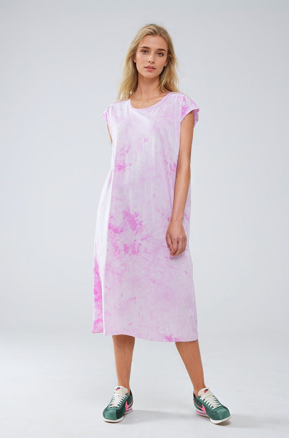 Q2 Pink Tie Dye Midi Shirt Dress