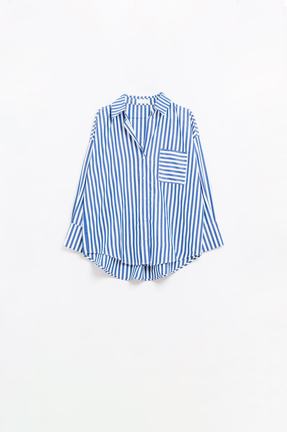 Poplin shirt with vertical stripes in blue and chest pocket