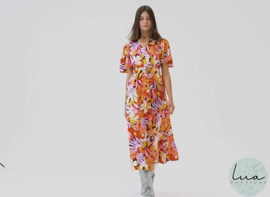 Robe longue plissée à col en V multicolore