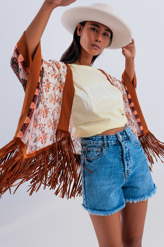 Q2 Printed kimono with fringe detail in brown