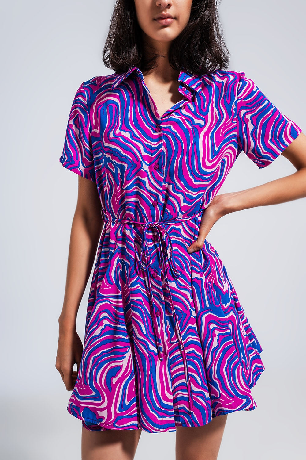 Printed mini dress with tie waist in purple Q2 Dresses BoutiqueLua