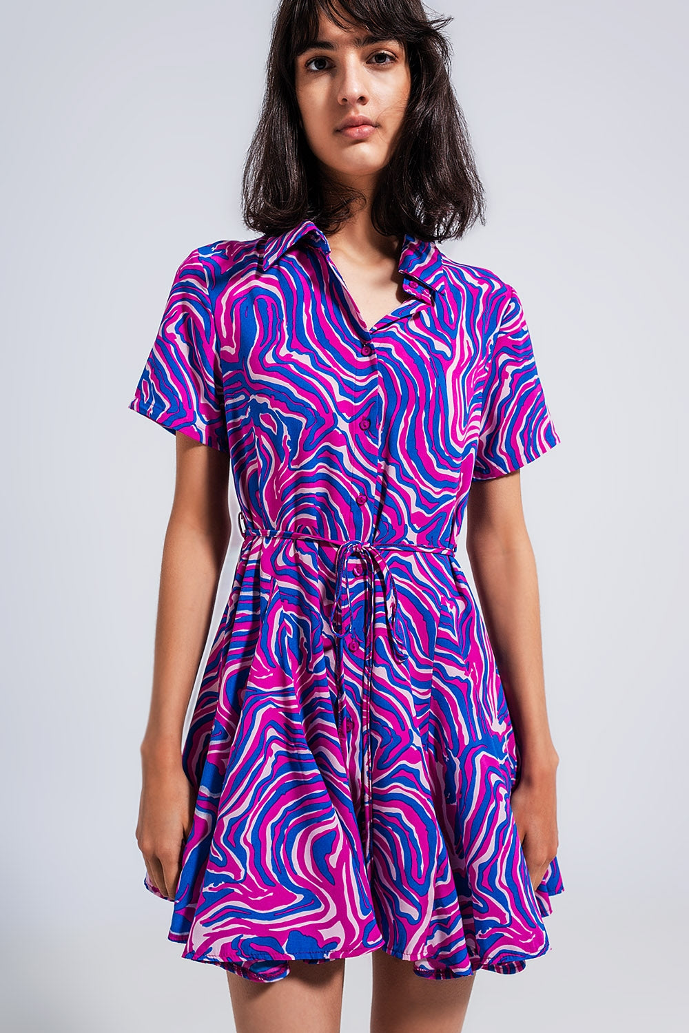 Printed mini dress with tie waist in purple Q2 Dresses BoutiqueLua