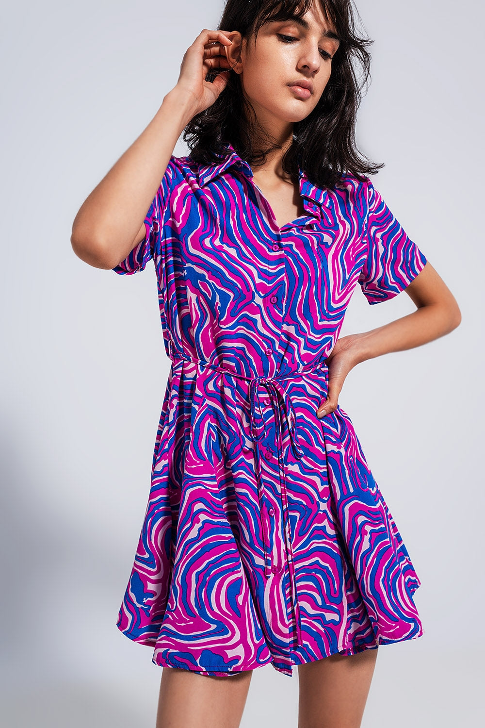 Printed mini dress with tie waist in purple Q2 Dresses BoutiqueLua