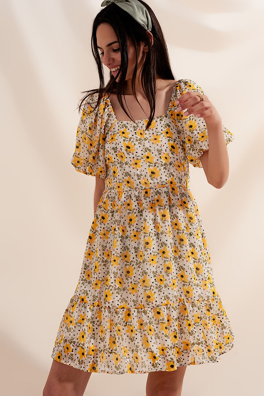 Puff sleeve smock dress in yellow Q2 Dresses BoutiqueLua