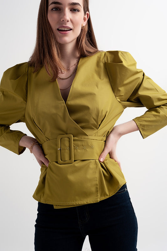 Q2 Puff sleeve wrap front top with belt detail in green