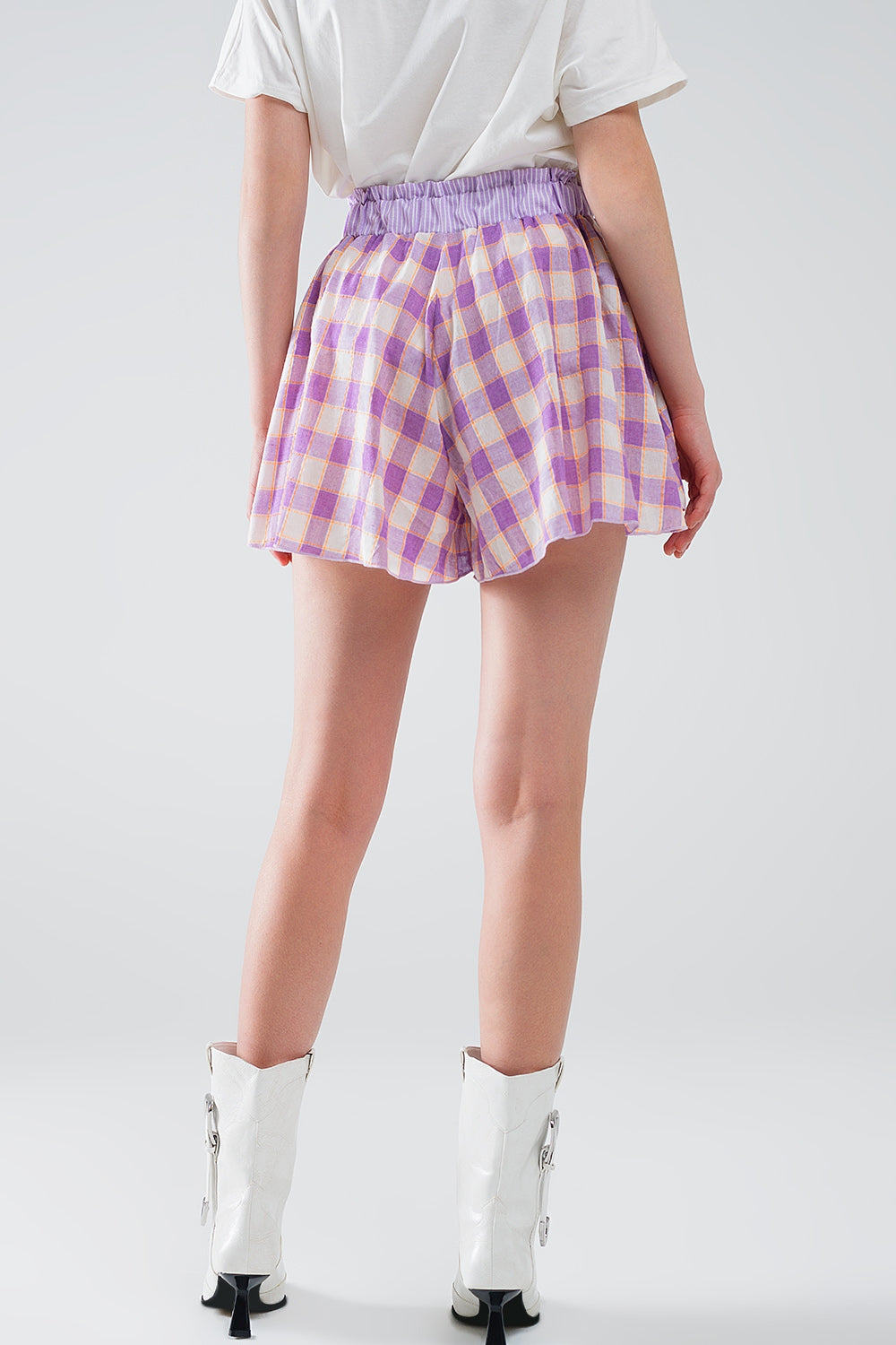 Purple Checkered print shorts with tight-fitting waist detail Q2 Pants BoutiqueLua