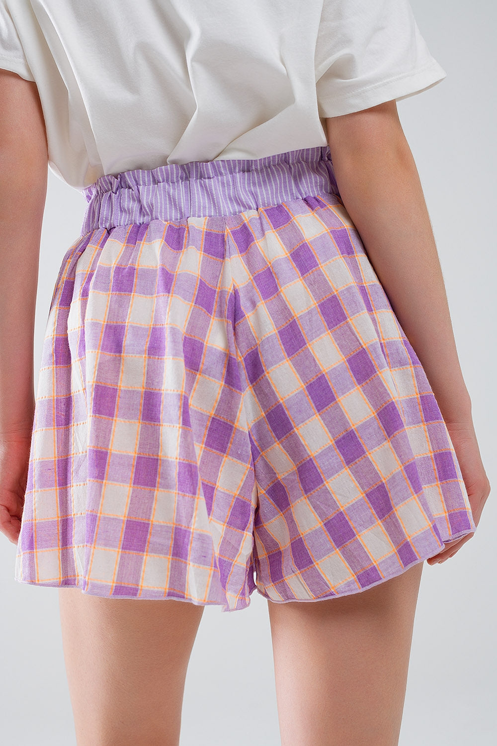 Purple Checkered print shorts with tight-fitting waist detail Q2 Pants BoutiqueLua