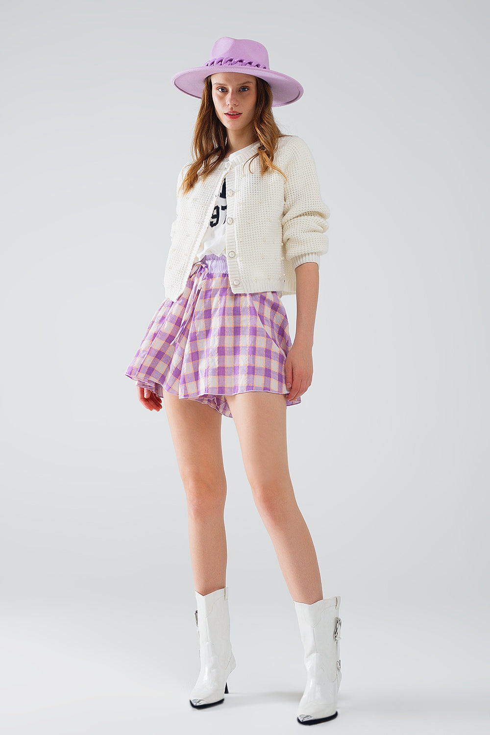 Purple Checkered print shorts with tight-fitting waist detail Q2 Pants BoutiqueLua