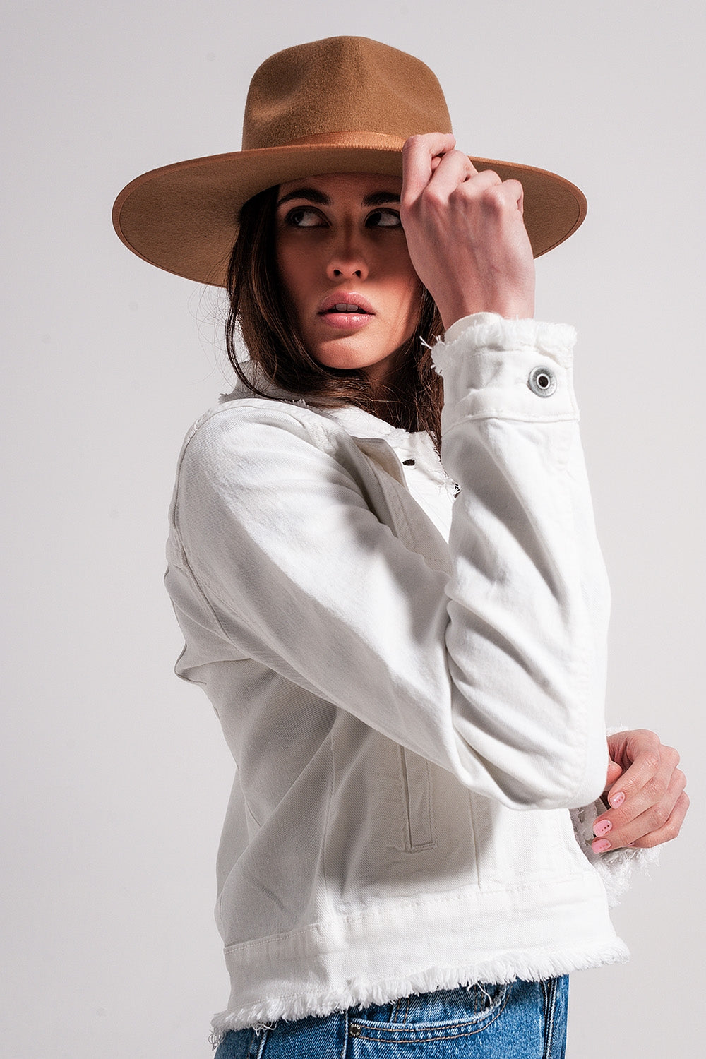 Raw edge denim jacket in white Q2 Coats and Jackets BoutiqueLua