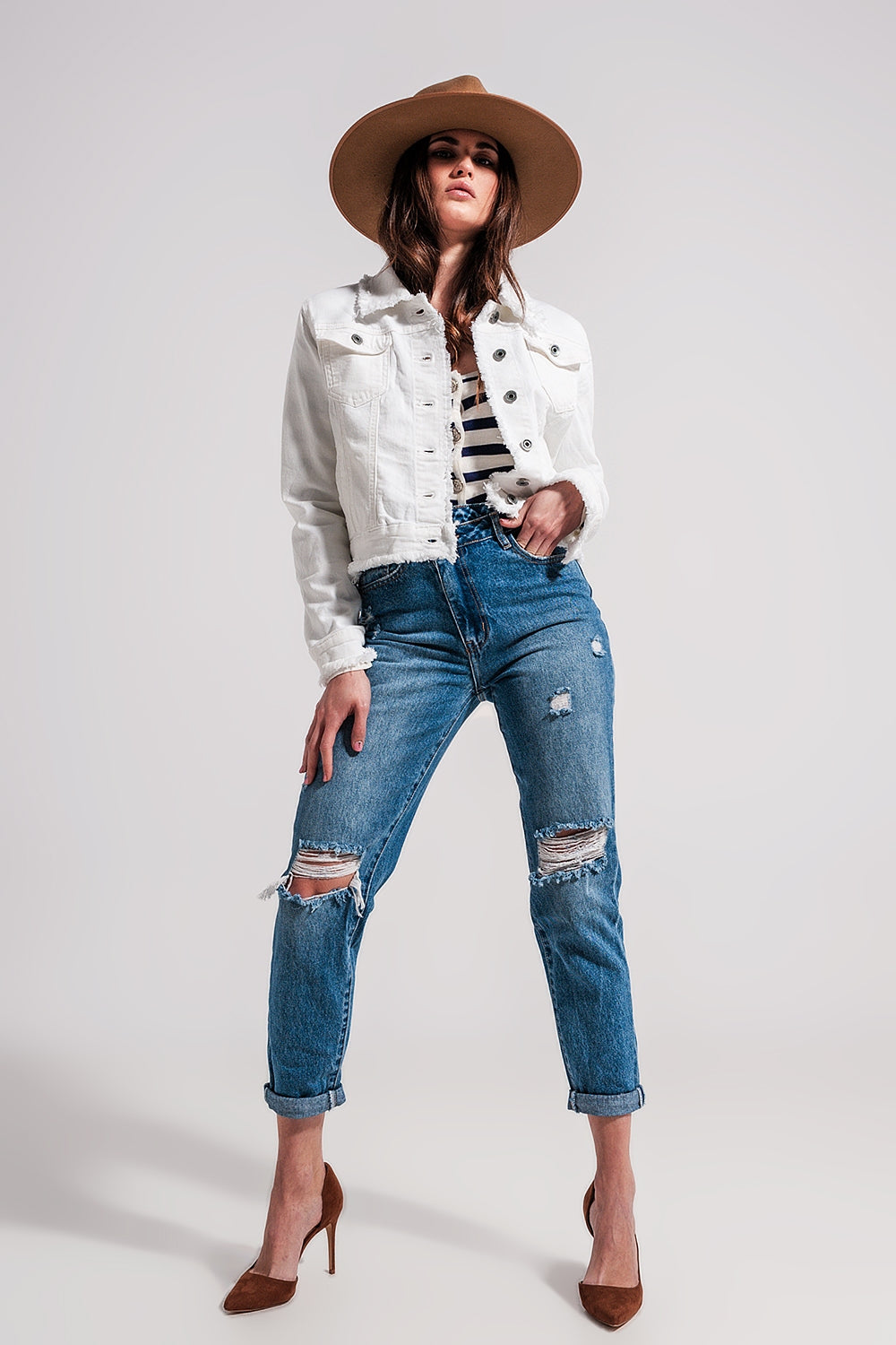 Raw edge denim jacket in white Q2 Coats and Jackets BoutiqueLua