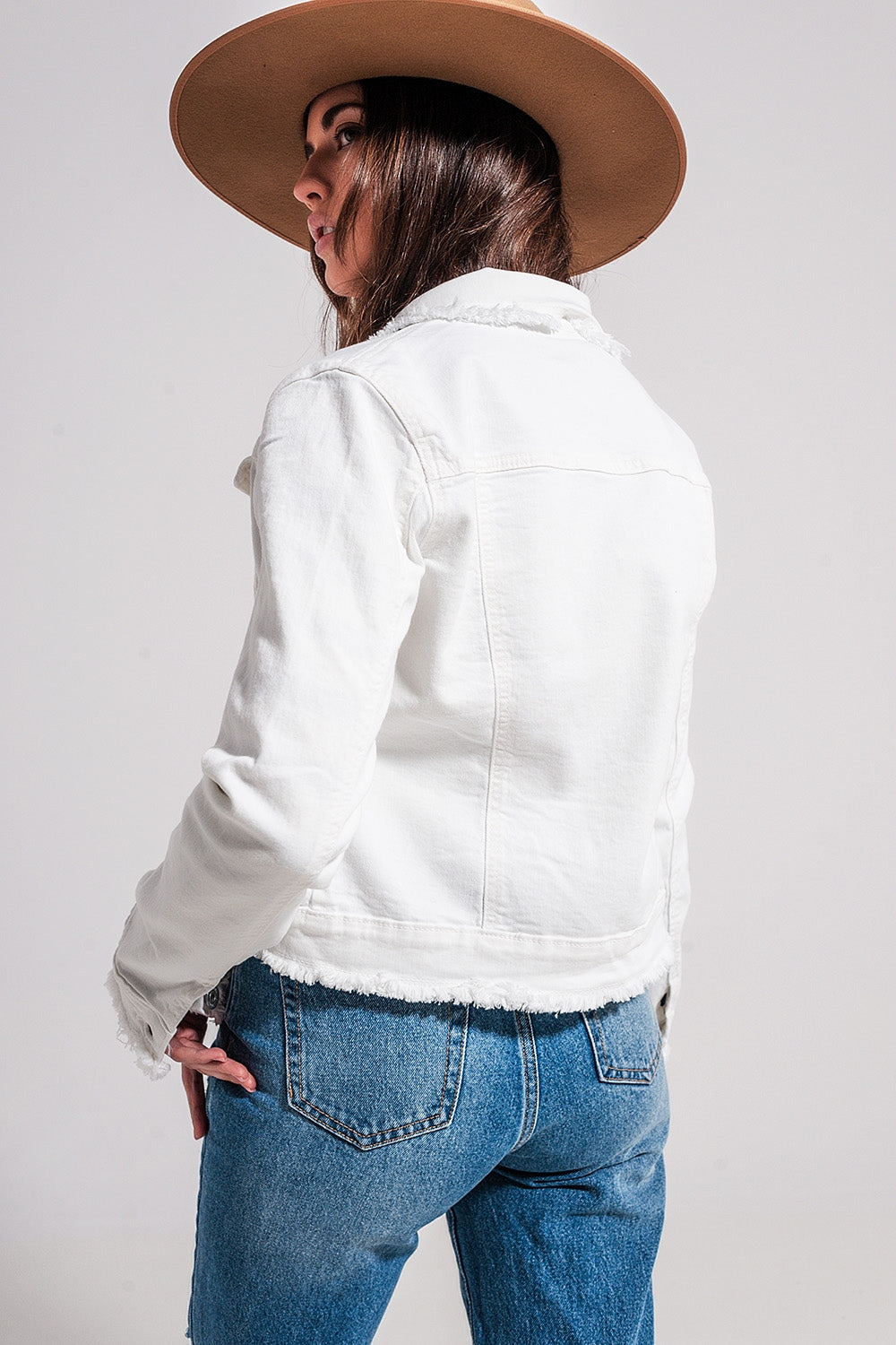 Raw edge denim jacket in white Q2 Coats and Jackets BoutiqueLua