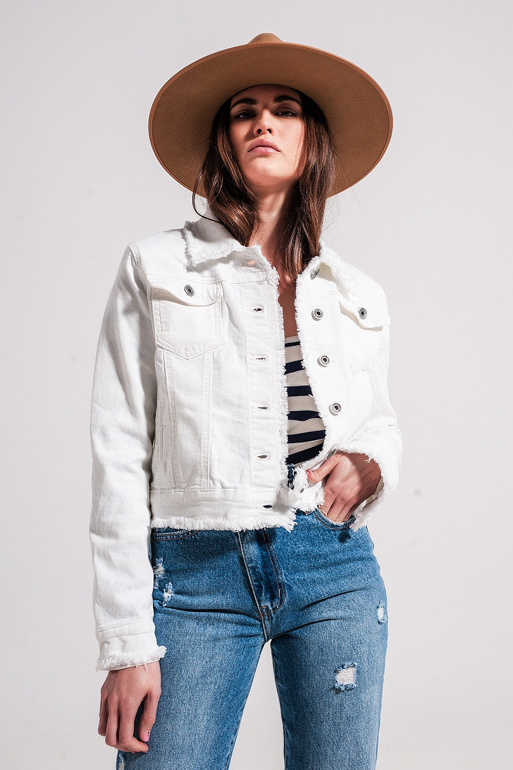 Raw edge denim jacket in white Q2 Coats and Jackets BoutiqueLua