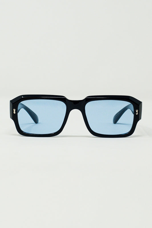 Q2 Rectangular Black Frame Sunglasses With Blue Lenses