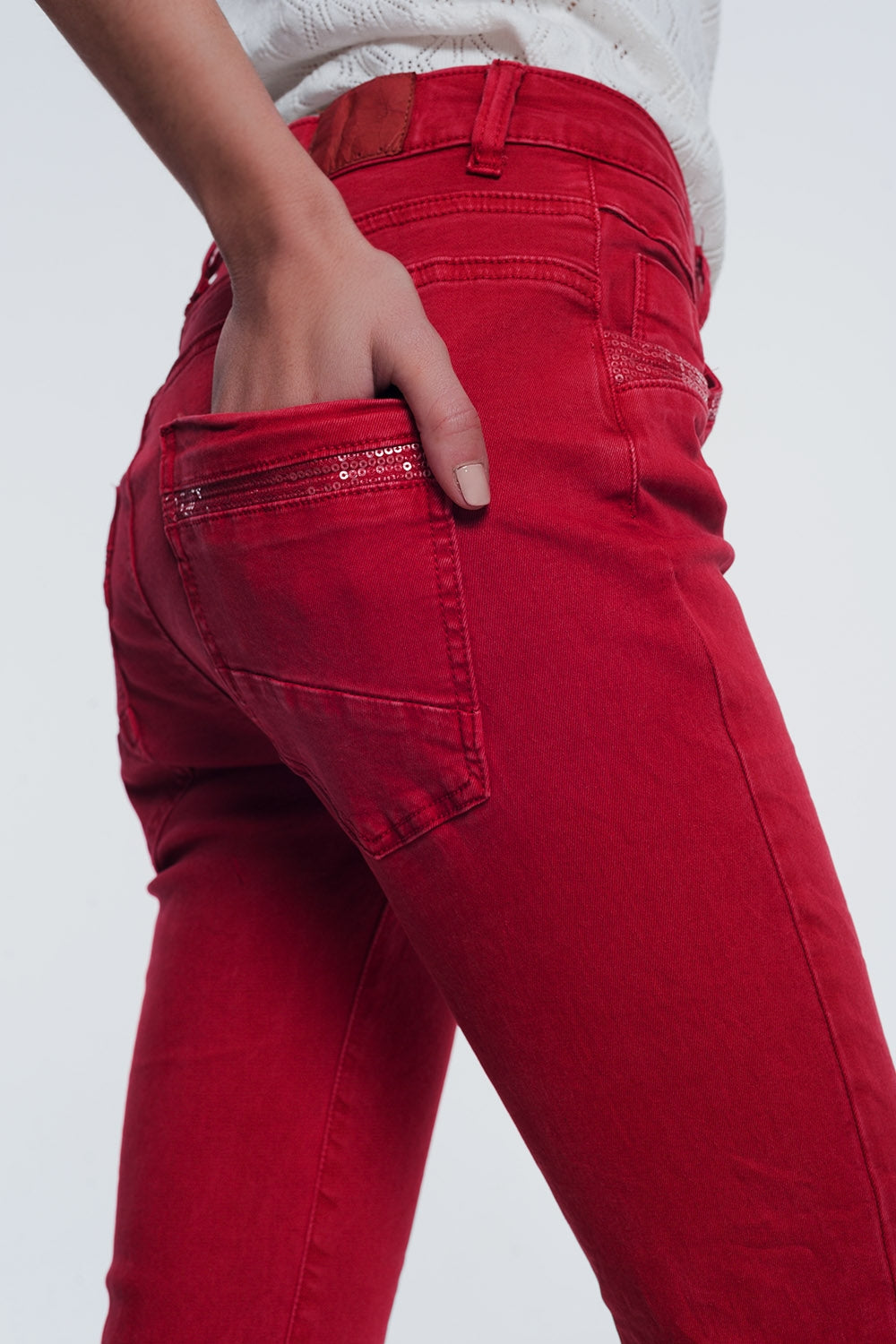 red boyfriend jeans with button closure Q2 Jeans BoutiqueLua