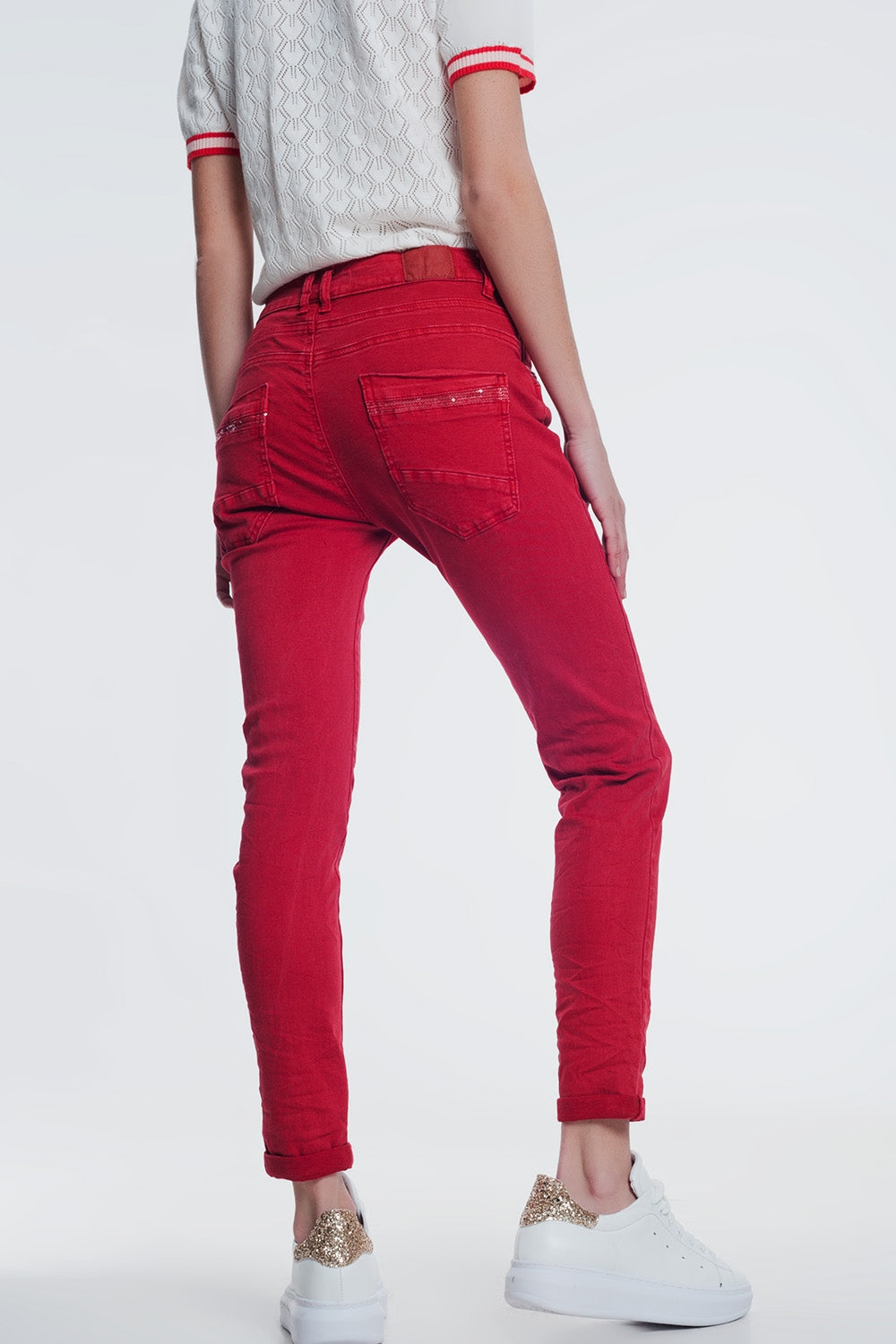 red boyfriend jeans with button closure Q2 Jeans BoutiqueLua