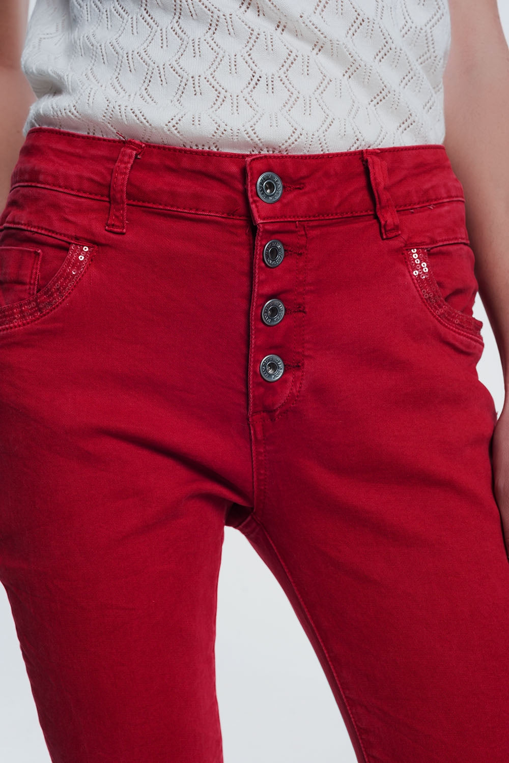 red boyfriend jeans with button closure Q2 Jeans BoutiqueLua