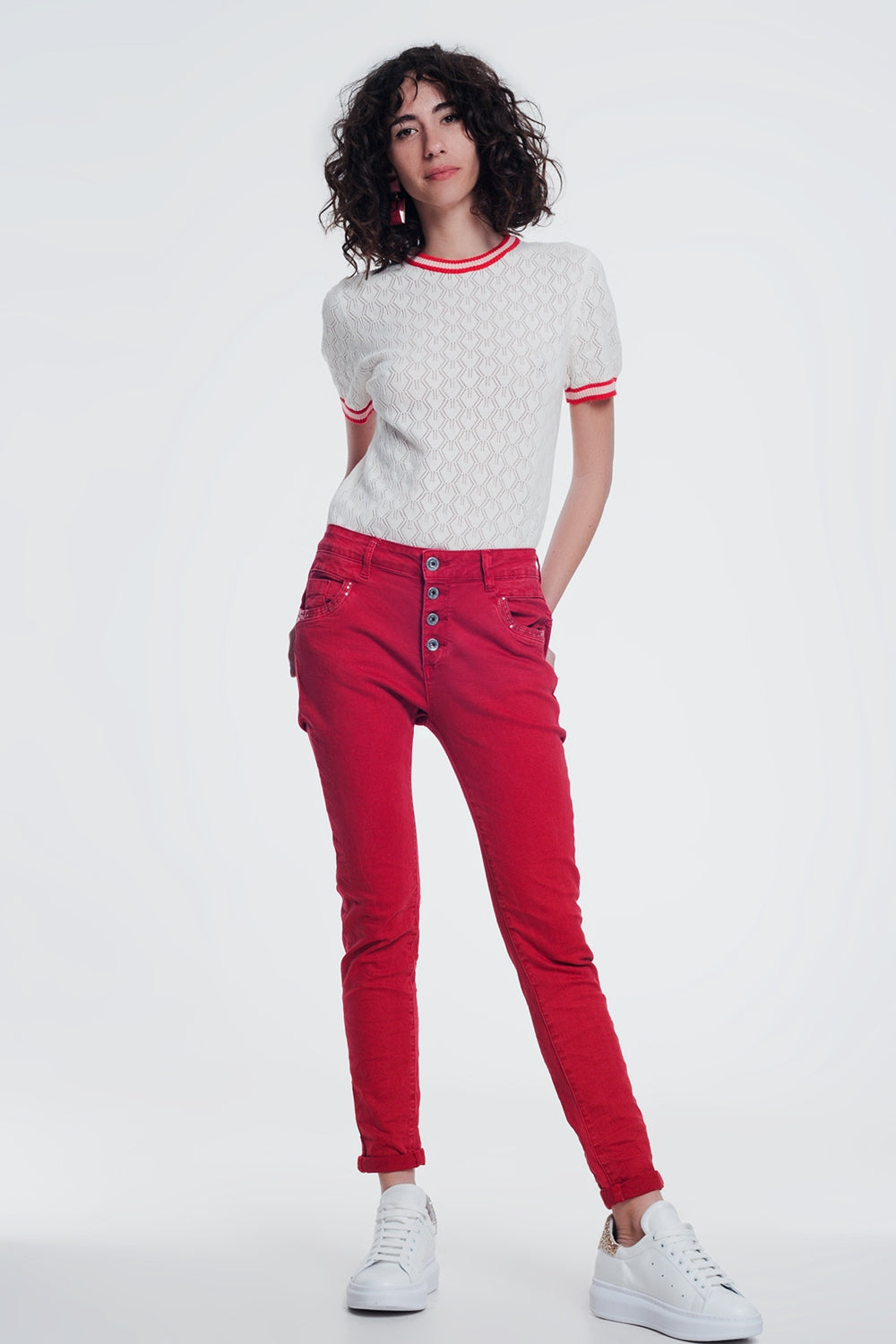 red boyfriend jeans with button closure Q2 Jeans BoutiqueLua