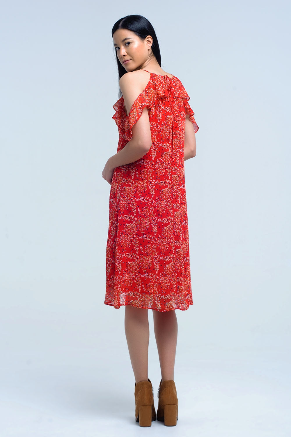 Red dress with printed flowers and ruffles Q2 Dresses BoutiqueLua