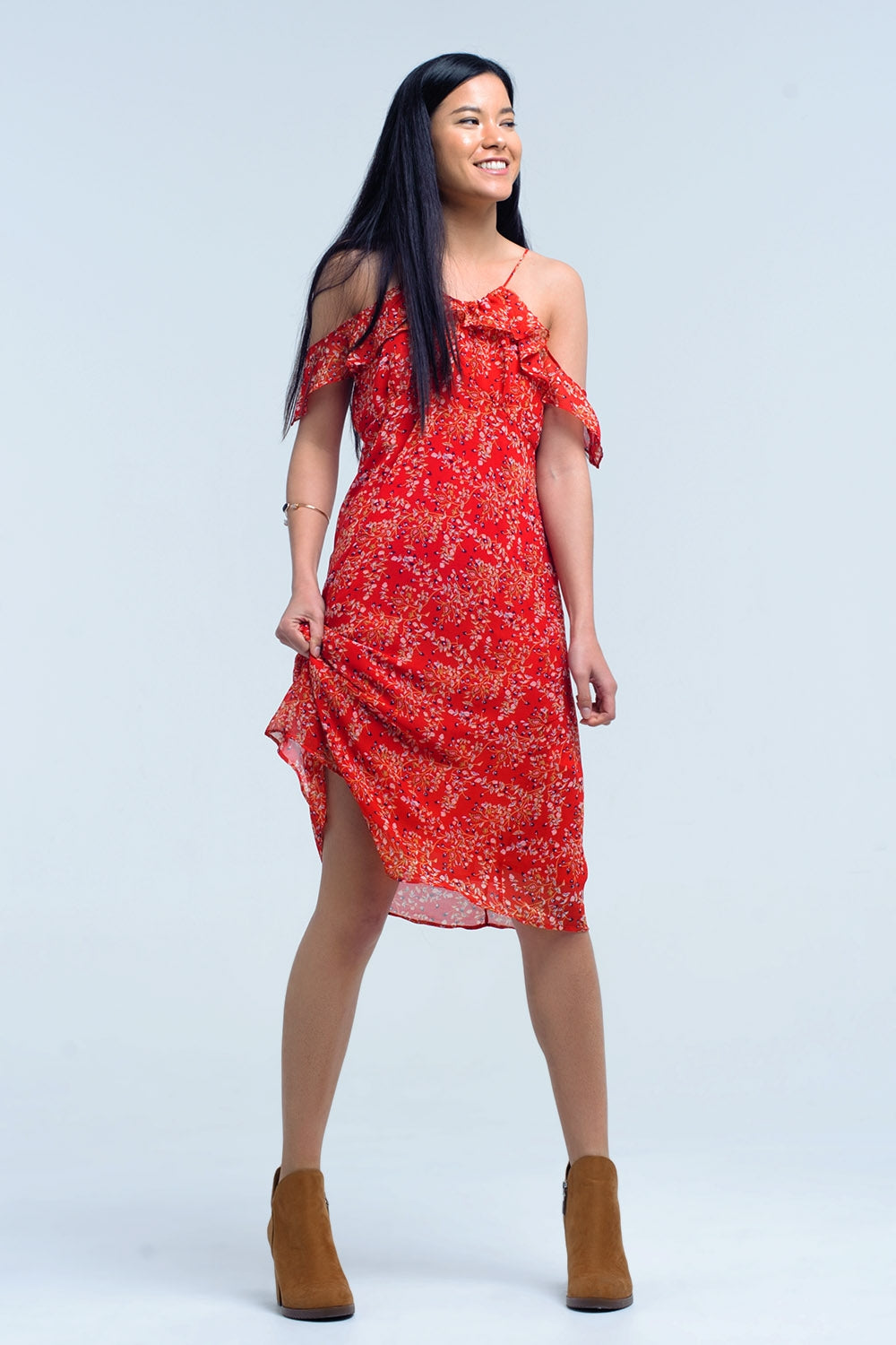 Red dress with printed flowers and ruffles Q2 Dresses BoutiqueLua