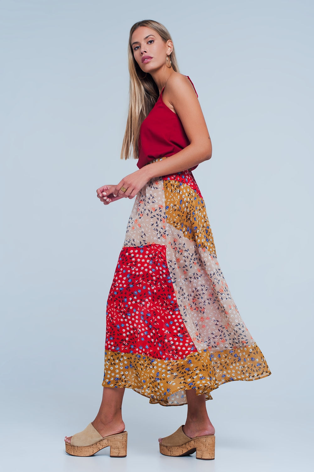 Red floral meadow bias cut midi skirt Q2 Skirts BoutiqueLua