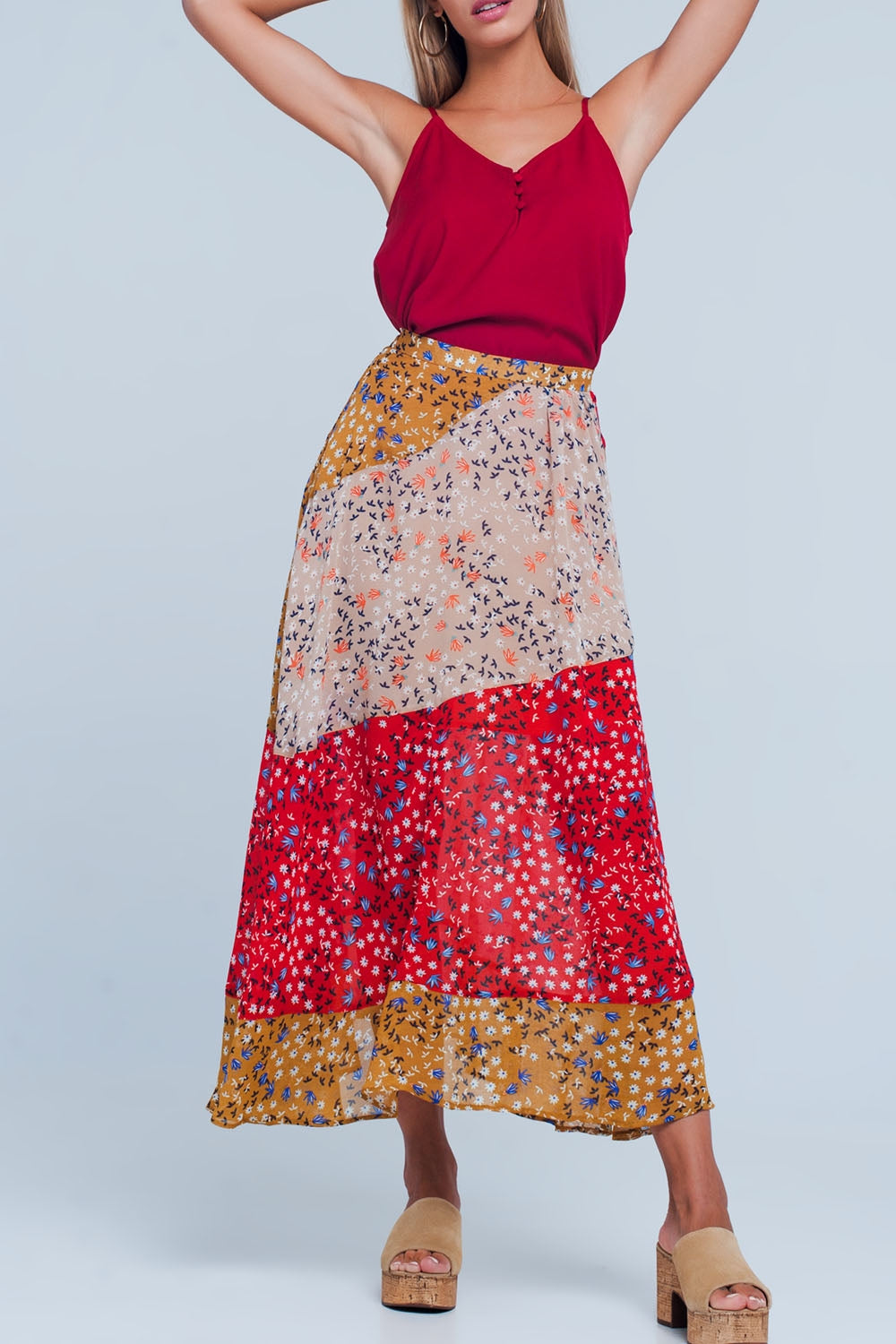 Red floral meadow bias cut midi skirt Q2 Skirts BoutiqueLua