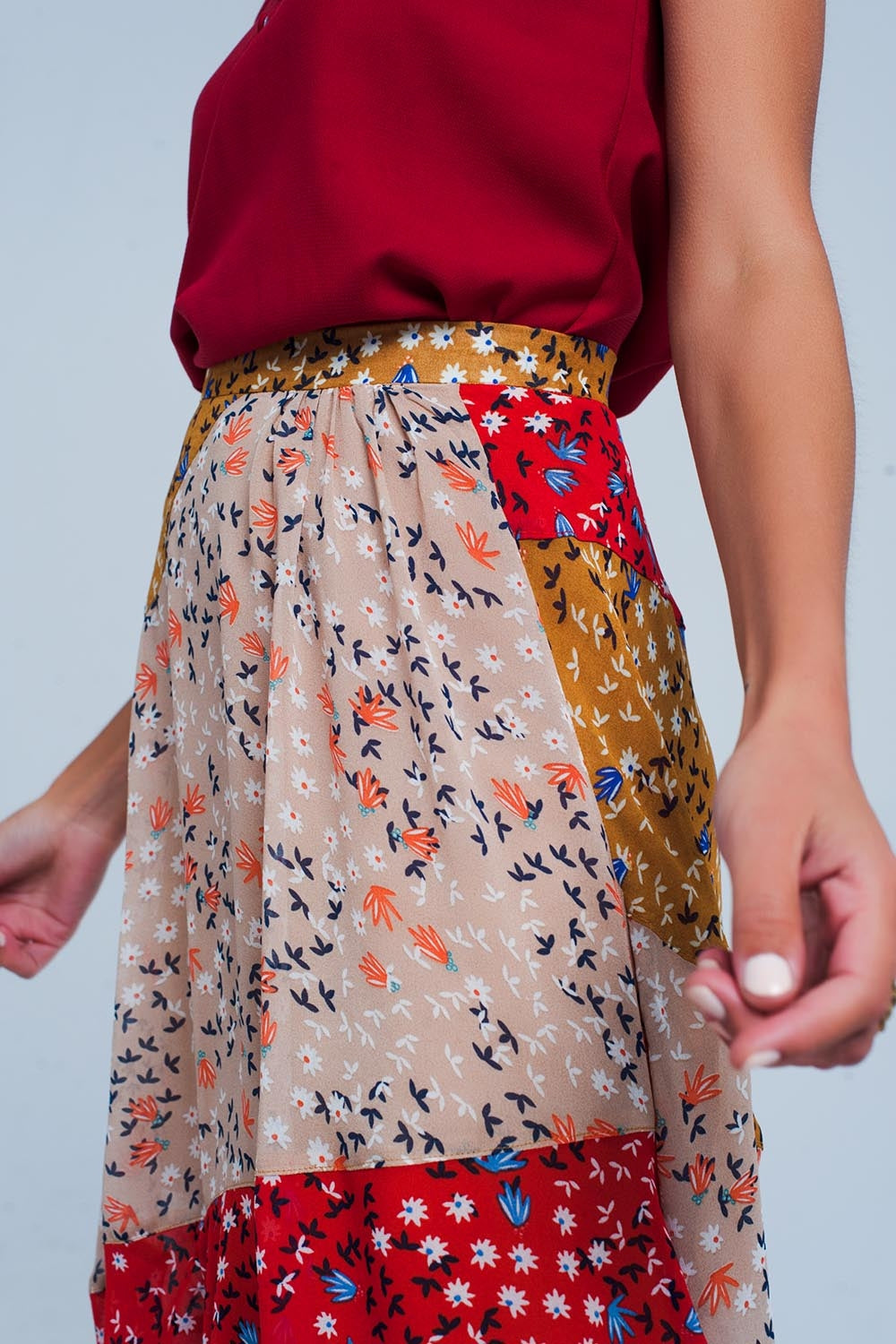 Red floral meadow bias cut midi skirt Q2 Skirts BoutiqueLua