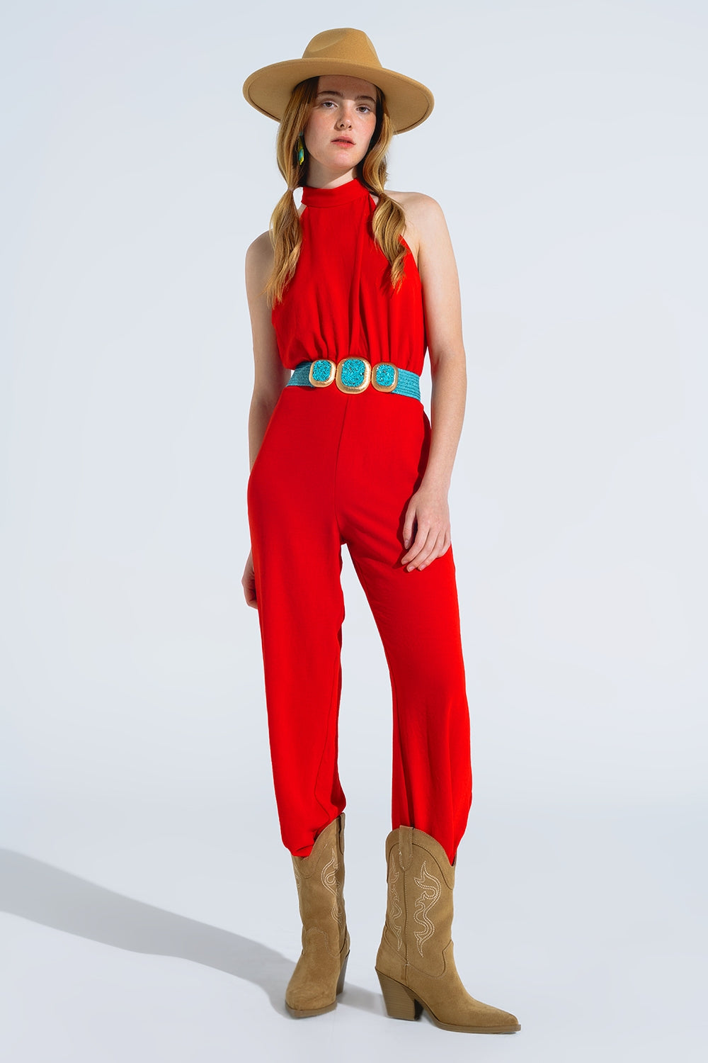 Q2 Red Jumpsuit With Crossed Halter Neckline