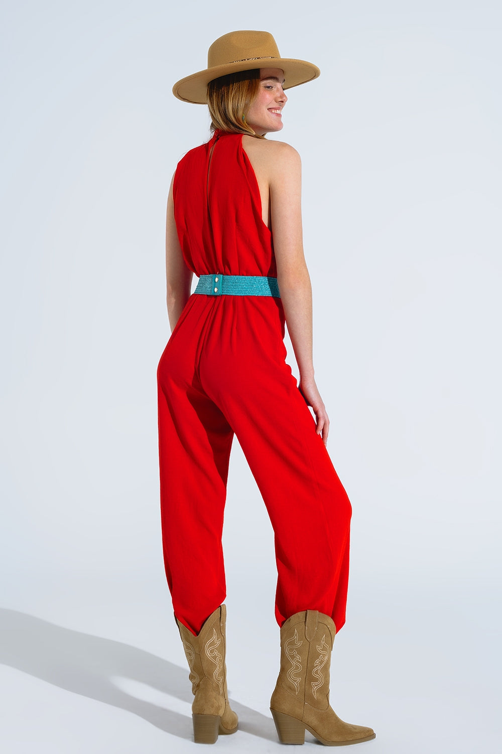 Red Jumpsuit With Crossed Halter Neckline Q2 Dresses BoutiqueLua