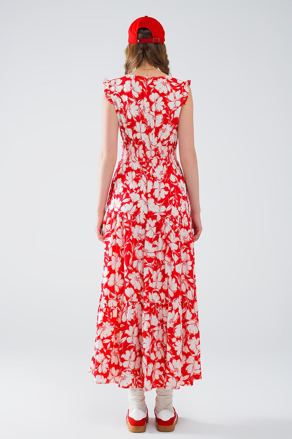 Red maxi dress with floral print and V-neck Q2 Dresses BoutiqueLua