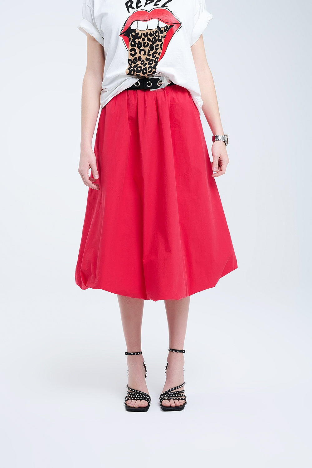 Q2 Red Mini Bubble Skirt in poplin fabric