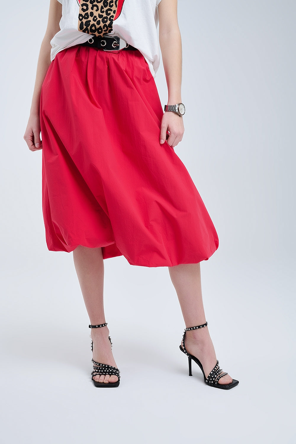 Red Mini Bubble Skirt in poplin fabric