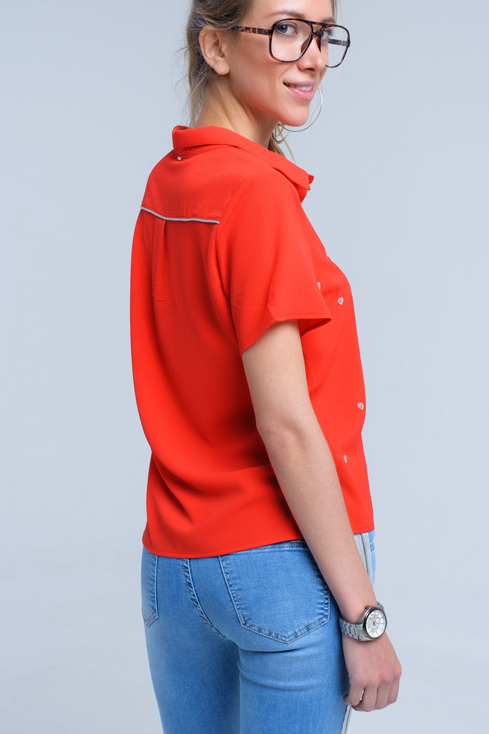 Red shirt with heart embroidery Q2 Shirts BoutiqueLua