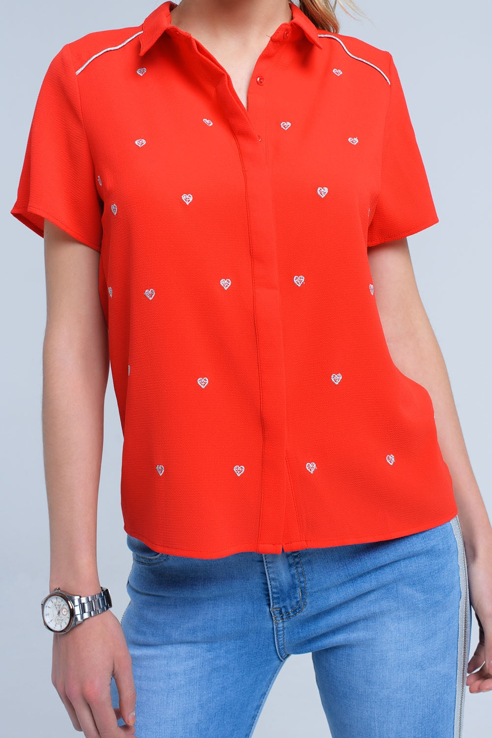 Red shirt with heart embroidery Q2 Shirts BoutiqueLua